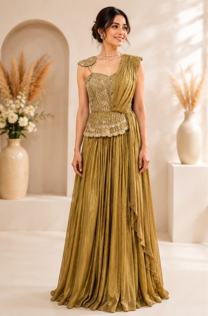 Kanak — molten gold draped gown with hand-embellished peplum