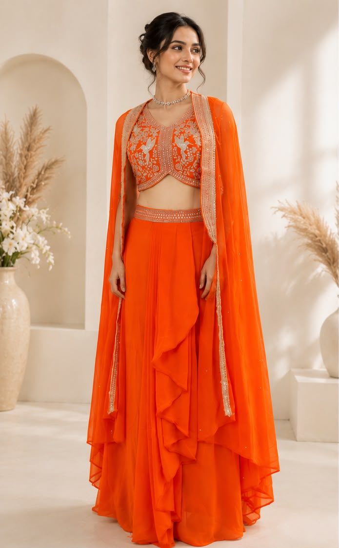 Kesar — saffron cape set with ivory bird embroidery