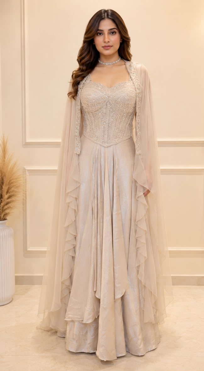 Motia — champagne corseted gown with cascading ruffle cape