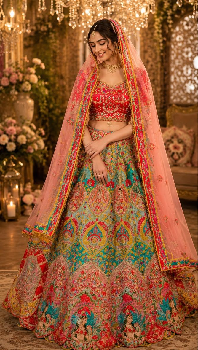 Sindoori — vermilion bridal lehenga with multicolour miniature-art skirt